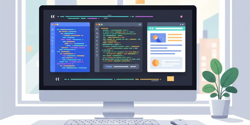 コードエディタ、ターミナル、実行中のプログラムが表示されたデスクトップ画面のイラスト。明るく清潔感のあるデザインで、快適な作業空間を表現する。