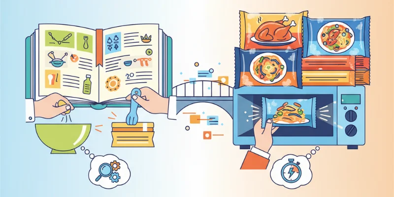 左側にレシピ(JavaScript)、右側に調理済みの冷凍食品(WebAssembly)を配置。それぞれの利点と役割分担を分かりやすく視覚化。
