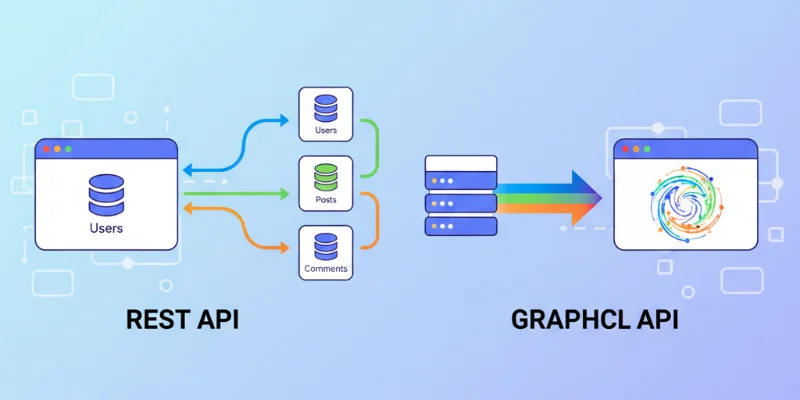 REST APIでは複数回のリクエストが必要で、GraphQLでは1回で済むことを示すイラスト。データの流れを視覚的に表現。