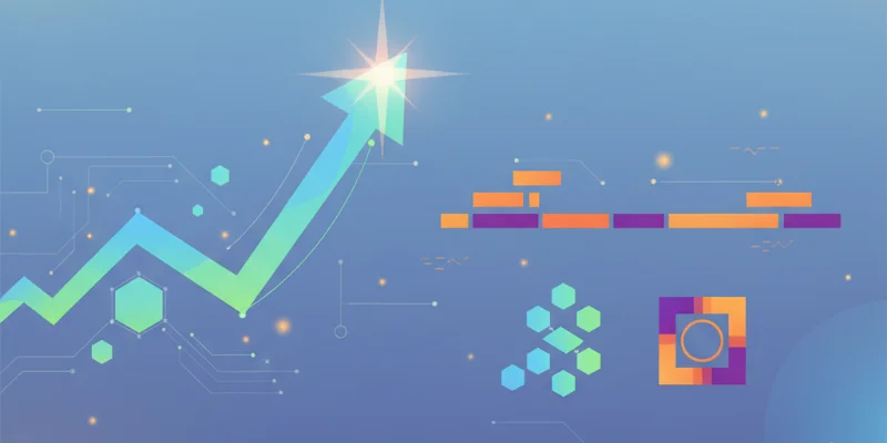 Svelteの成長を表す上昇グラフと、Reactの安定性を示す水平線を組み合わせたイラスト。