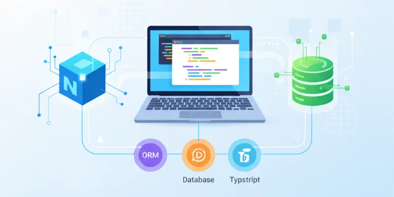 Node.js、テキストエディタ、データベースなどが整った開発環境のイメージイラスト。快適な開発環境を表すような、明るく清潔感のあるイラスト。