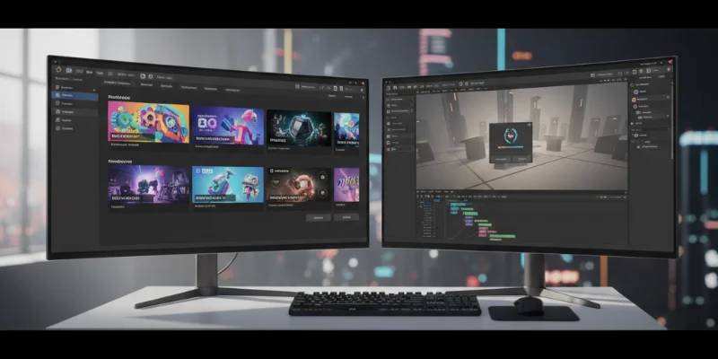 Unity HubとUnity Editorが開かれた状態のデスクトップ画面。複数プロジェクトが表示されている様子。
