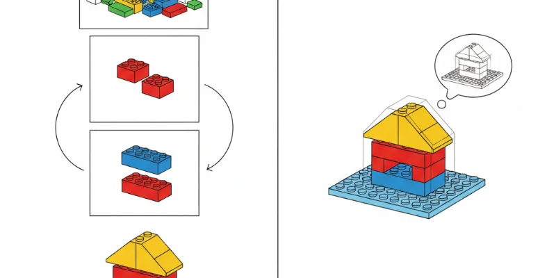 レゴブロックを使って、命令的UI(手順を示す図)と宣言的UI(完成図を示す図)を対比して示したイラスト。
